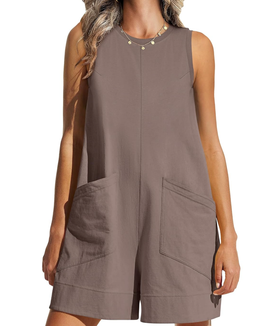 ANRABESS Womens Romper Casual Loose Sleeveless 2025 Summer One Piece Outfit Crewneck Short Jumpsuit Overall Outfits & Pockets, Size M