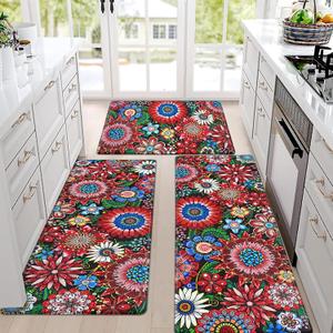 Likiyol Boho Kitchen Rugs, Floral Kitchen Mats for Floor Bohemian Cushioned Anti Fatigue Mats for Kitchen Floor, Non Slip Washable Kitchen Mat for Home, Sink, 18''x30''+18''x48''+18''x60'', Red