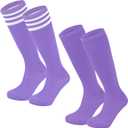 Century Star Kids Soccer Socks Softball Baseball Sock Toddler Youth Knee High Socks Striped Cotton Atheletic (12-15 Years, Purple & Purple White)