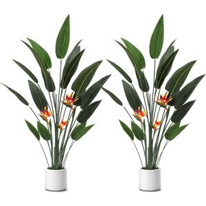 Crowye 2 Pcs 5 ft Artificial Bird of Paradise Plant Faux Banana Leaf Tree Tall Lifelike Fake Palm Tree Potted Plant with 3 Tropical Flowers & 20 Trunks for Indoor Outdoor Home Office Living Room Decor