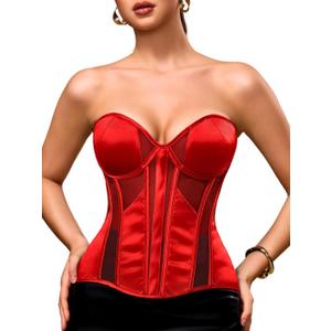 ChiaoLezhee Women's Classic & Elegant Satin Corsets, Adjustable Lace-Up Fit Sizes 2-20, Underwire Padded Boned Corset Top, Silk Mesh Strapless Overbust Bustier, Red, Medium