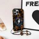 NITITOP Compatible with iPhone 14 Pro Max Case with Chain Lanyard Strap Magnetic Compatible with MagSafe Cute Leopard Amber Tortoise for Women Men Girls Soft TPU Shockproof Protective Cover - Black