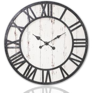 Large Farmhouse Wall Clock, 24" Rustic Roman Numerals Wooden Wall Clock for Living Room, Battery Operated, Silent (Silver & Black)