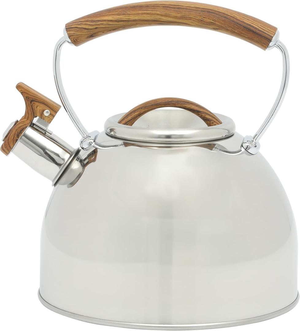 Mr. Coffee Fremont Large 2-Quart Stainless Steel Whistling Tea Kettle with Wood Handle  Durable Stove-Top Kettle for Boiling Water