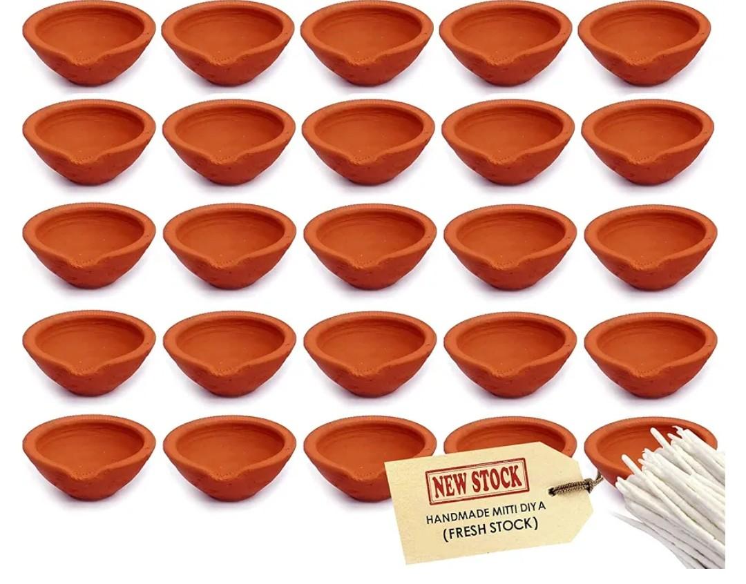 CRAFTSMAN SATVIK Clay Diya 25 Pc Set Diwali Dia with Cotton Wicks for Puja Pooja Traditional Handmade Terracotta Earthen Vilakku Oil Lamp Diyas Natural Mitti Welcome Deepawali Decoration Indian Gift Items