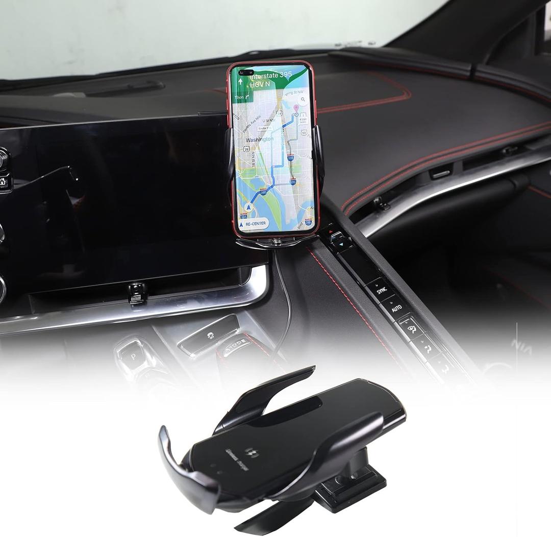 Car Phone Mount Fit for Chevrolet Corvette C8 2020-2025, Cell Phone Holder for Center Console Navigation Screen, Handsfree Car Phone Stand, with Wireless Charger Holder - Style C