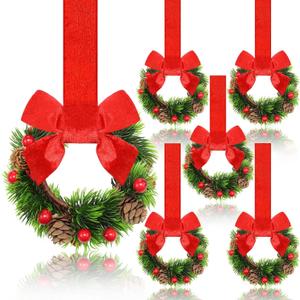 Dingion 6 Pcs 6 Inch Christmas Mini Cabinet Wreaths for Kitchen with Ribbon Bows Pinecone Berry Small Window Wreath Garland for Door Window Farmhouse Christmas Party Decorations