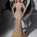 Women's V-Neck Sequin Beaded Mermaid Prom Dress Long Sleeve Formal Evening Gown Bodycon Wedding Guest Party Maxi Dress (Beige, L)