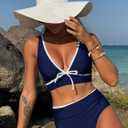 ZAFUL Womens High Waisted Bikini Sets Sexy V Neck Two Piece Swimsuit Cute Bow Ruched Bathing Suit (Blue, M)