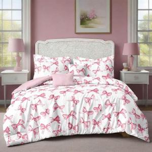 Nanko Pink and White Duvet Cover Set Full Size, Elegant Bow Print Pattern, Soft Microfiber Comforter Bedding Cover with Zip Ties - Modern Luxury Bed Romantic Bedroom Decor for Women Teen, 3Pcs 80 x90