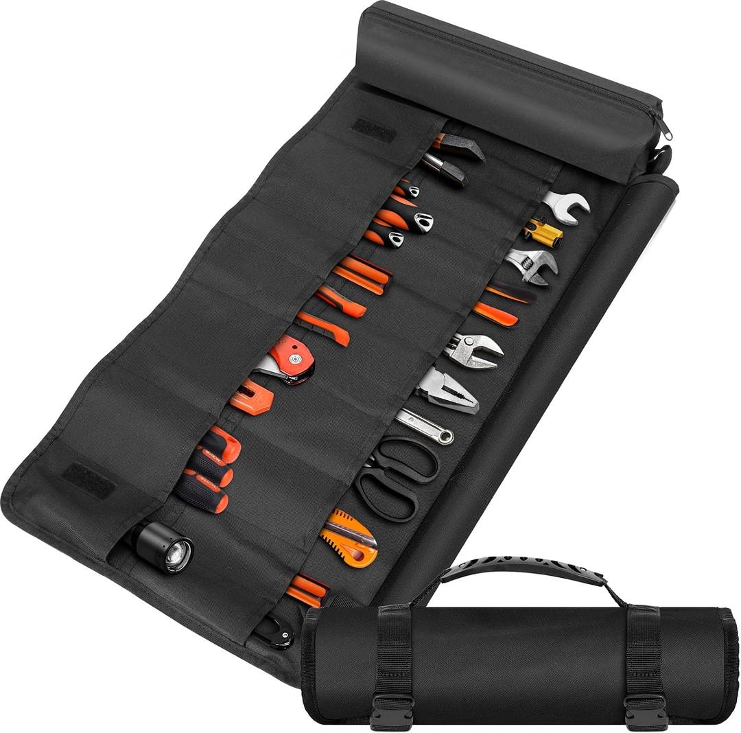 20-Pocket Heavy Duty Tool Roll Bag - Waxed Canvas Wrench Roll Organizer with Zippered Pocket - Waterproof & Portable Tool Bag for Mechanics, Electricians, Plumbers & DIY - Black
