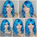 Teal Blue Wig with Bangs for Women 14 Inch Shoulder Length Blue Wigs Short Bob Wavy Curly Wig Heat Resistant Synthetic Colorful Wig