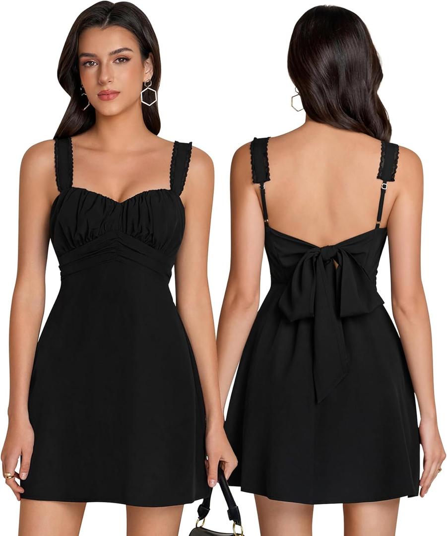 KUTUMAI Cute Bow Tie Mini Dress Lace Floral Corset Short Graduation Dresses for Women 2026 Summer (Small, Black)