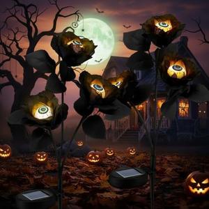 Riakrum 2 Pack Halloween Solar Eyeballs Stake Lights Waterproof Solar Black Roses Lights Scary Eyeballs Outdoor Halloween Decorations for Garden Yard Patio Pathway Lawn Party Outside Decor