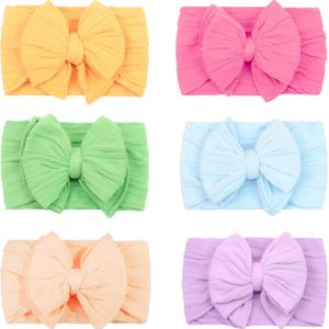 CLLOT 6 Pcs Super Stretchy Soft Handmade Headbands with Double Bows Head Wrap Nylon Hair Accessories For Newborn Baby Girls Infant Toddlers Kids(Green) (Colorful)