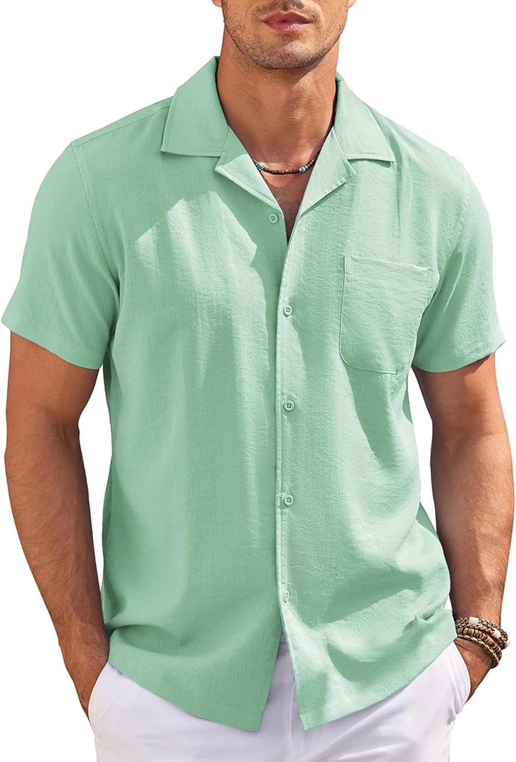 COOFANDY Men's Casual Button Down Shirts Short Sleeve Summer Cuban Vacation Beach Shirts (Green, L)