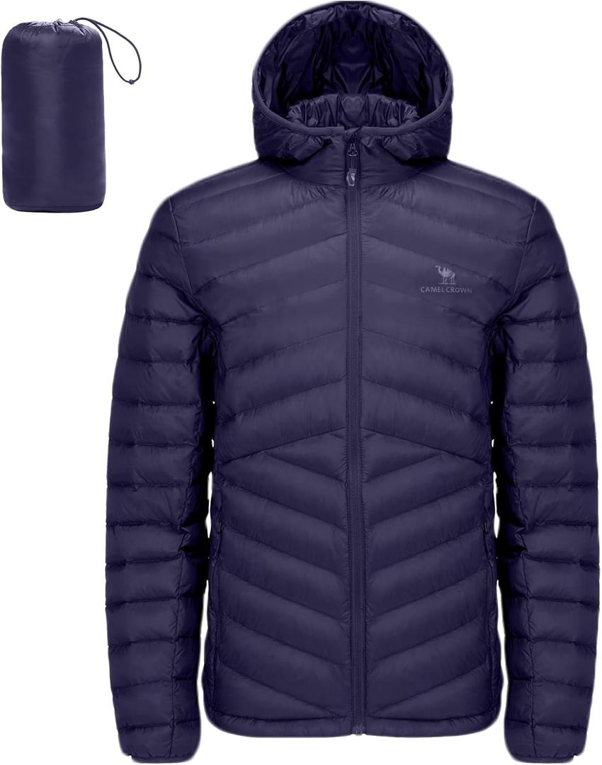 CAMEL CROWN Men Packable Down Jacket Hooded Lightweight Puffer Insulated Coat for Travel Outdoor Hiking (Blue, L)