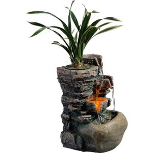 Indoor Fountain 4-Bowl Rockery Soothing Sound Tabletop Fountains Home/Office Decor with a Small Plastic Pot to Grow The Plant by Yourself(Automatic Watering)