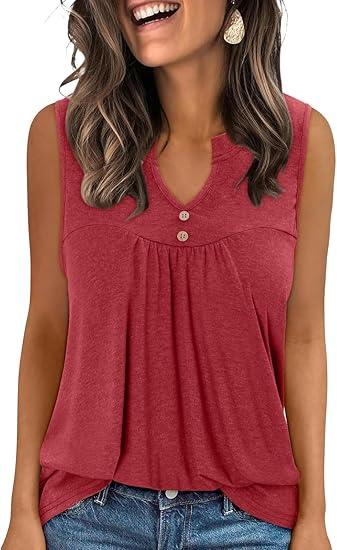 KISSMODA Tank Tops for Women Summer Casual Sleeveless Shirts Dressy Trendy V Neck Tunics Loose Notched Blouses Size S Pink