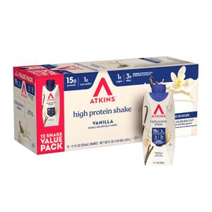 Atkins Vanilla High Protein Shake, 15g Protein, Low Glycemic, Low Carb and Low Sugar Protein Shakes, Keto Friendly Ready to Drink Shakes, 12 Vanilla Flavored Protein Shakes (EXP 07/15/26)