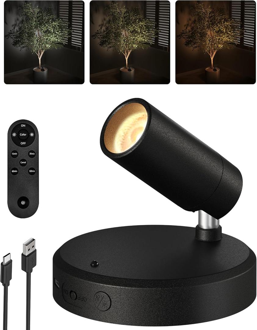 EZVALO Wireless LED Spotlights Indoor, 5500mAh Rechargeable Battery-Powered Plant Spotlights, Dimmable & Timer, 3-CCT Small Up Lights with Remote, Accent Uplighting for Artwork, Trees (Black)