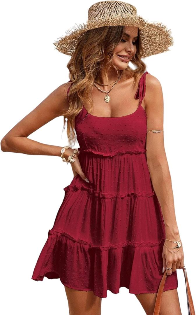 Narecte Women's Summer Dresses Wedding Guest Dresses Beach Sundresses Spaghetti Strap Flowy Boho Dress (Medium, Burgundy)