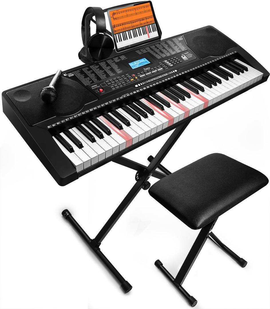 61 Key Portable Electronic Keyboard Piano w/Lighted Full Size Keys, LCD, Headphones, X-Stand, Stool, Music Rest, Microphone, Note Stickers, Built-In Speakers, 3 Teaching Modes