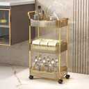 Acrylic Storage Trolley, Bathroom Kitchen Rolling Utility Cart Mobile Organization Shelves with Handle and Lockable Wheel (Gold,3 Tier)