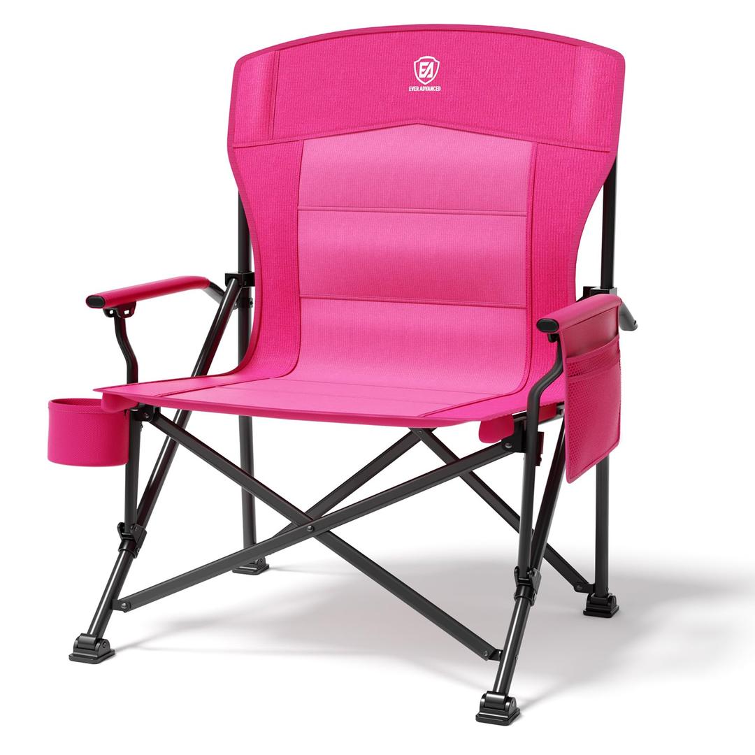 EVER ADVANCED Oversized Folding Women Camping Chair, for Adults Heavy Duty Lawn Chair with Side Pockets, Portable Collapsible Quad Chair for Outside, Support Up to 500lbs, Pink
