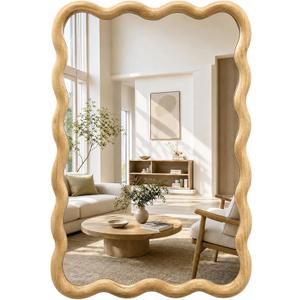 Wavy Solid Wood Mirror Boho Wall Mirror Rectangular, 20"x30"