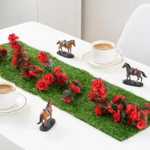 2 x Derby Table Runner Decoration Sets Grass Table Runner and 2 Pack Rose Garlands for Derby Decor Party Favors Horse Race Decoration Home Dining Horse Racing Supplies