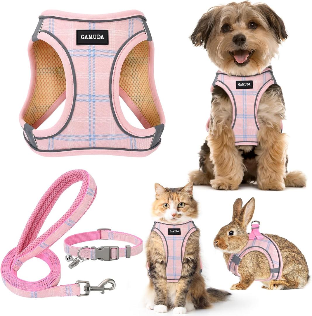 GAMUDA Small Dog Harness Collar and Leash Set, Step in No Chock No Pull Soft Mesh Adjustable Dog Vest Harnesses Plaid Reflective for Dogs Puppy Cats Kitten Rabbit (Pink, S) GAMUDA Small Dog Harness Collar and Leash Set, Step in No Chock No Pull Soft Mesh Adjustable Dog Vest Harnesses Plaid Reflective for Dogs Puppy Cats Kitten Rabbit (Pink, S)