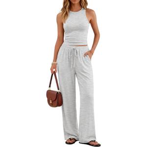 Trendy Queen Women's Summer 2 Piece Lounge Set Tank Top Wide Leg Pants Pockets 2026 XXS