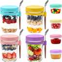 Overnight Oats Containers with Lids, 4-pack Overnight Oats Jars with Spoons and Small Containers, 16oz Glass Mason Jar with Airtight Lid, Chia Pudding Jars Yogurt Containers with Lids, Gifts for Women (Multicolor(Pink+Purple+Turquoise+Bright Yellow))