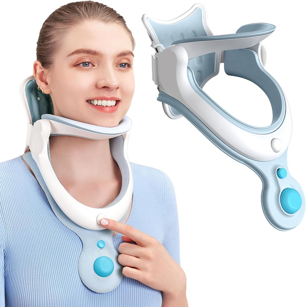 Cervical Neck Traction Device Neck Brace for Men and Women, Adjustable Neck Stretcher with 3 Power Tractions for Neck Pain Decompression Tension Relief (Inflatable) (Blue-inflatable-1)