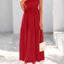 KIRUNDO Smocked Summer Dresses for Women 2025 Wedding Guest Midi Flowy Ruffle Short Sleeve Square Neck Tiered Sundress (Red, L)