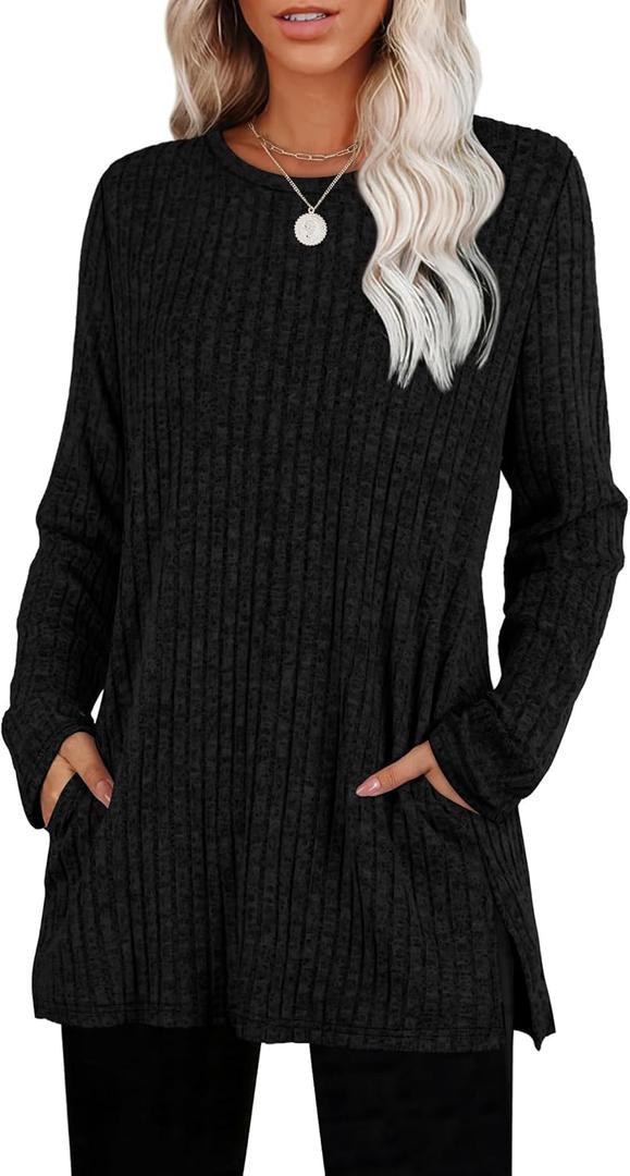 SAMPEEL Womens Sweaters Crewneck Long Sleeve Shirts with Pockets Fall Outfits 2025 Fashion Winter Clothing Side Slit (X-Large, Black)