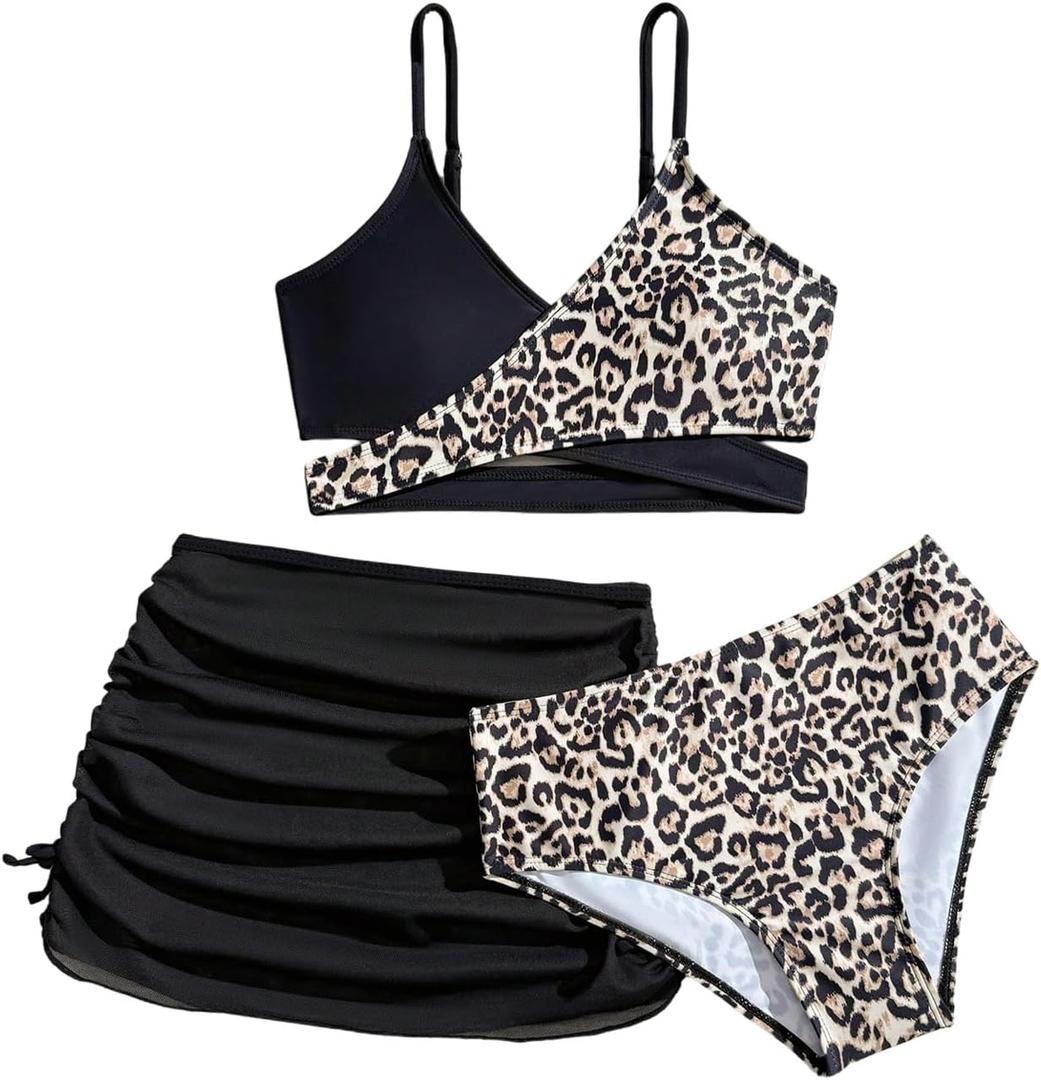 RoseSeek Girls 3 Piece Bikini Set with Ruched Skirt Cheetah Print Wrap Swimsuit Cute Bathing Suit Beachwear (Black)