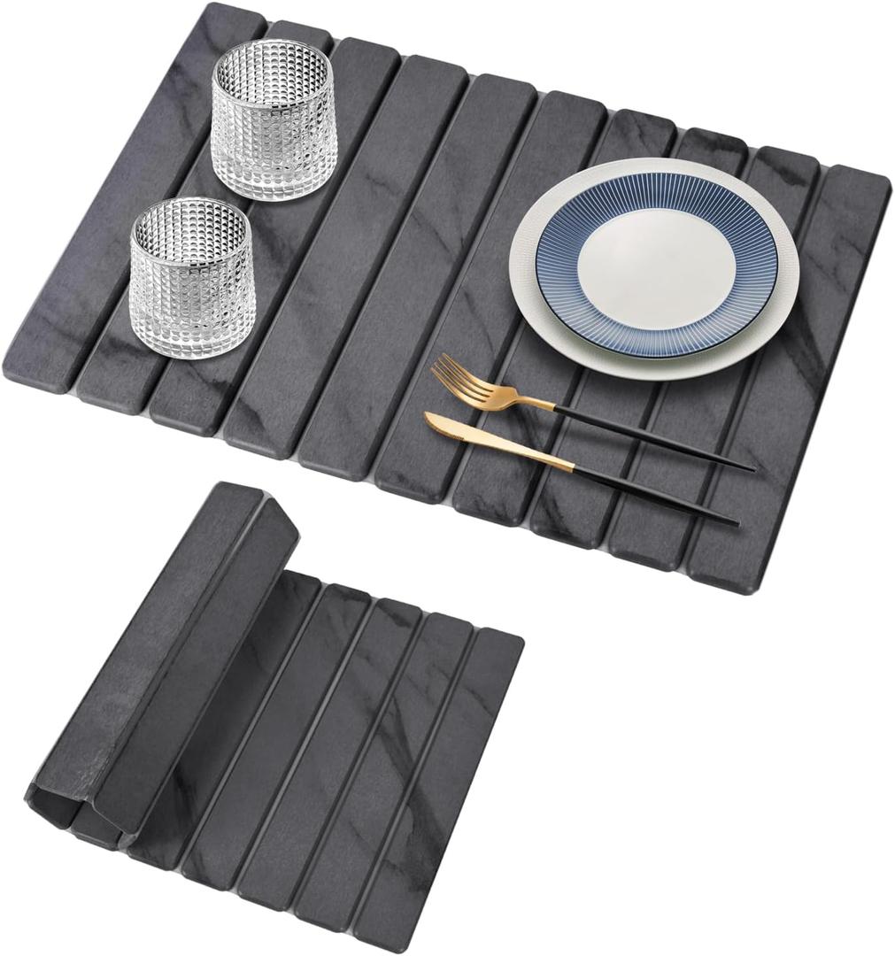 Large Stone Dish Drying Mats for Kitchen Counter, 24"(L)16"(W) Marble, Drying Collapsible Dish Drying Mat, Eco-Friendly Absorbent Diatomaceous Earth Mats for Dishes Bottles Cups - Dark Grey