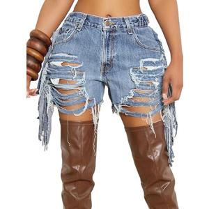 Kwunbwa Women's High Waist Ripped Denim Shorts Tassels Hem Distressed Stretchy Trendy Summer Jean Shorts, XXL