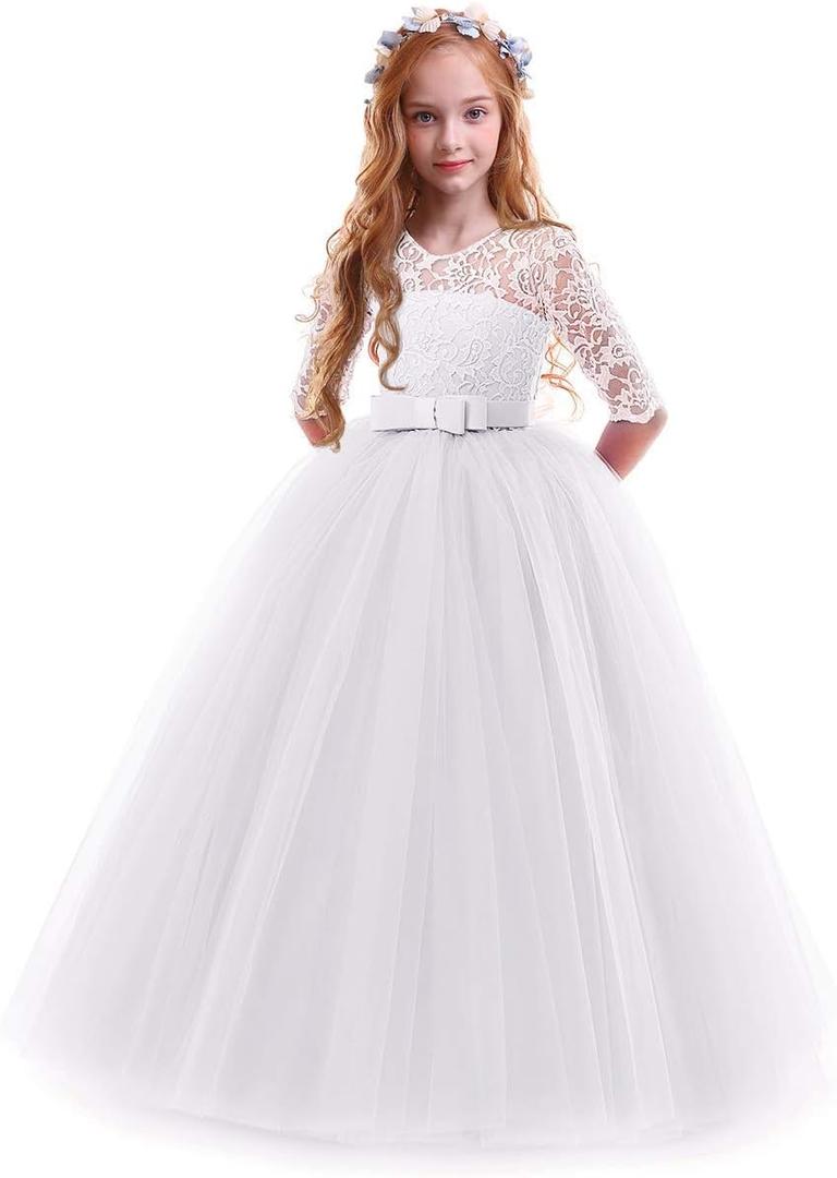 Girls Flower Vintage Floral Lace 3/4 Sleeves Floor Length Dress Wedding Party Evening Formal Pegeant Dance Gown (White), Size 170