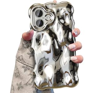 UEEBAI Ripple Case for iPhone 17, Cute Silver Cover Wave Shape for iPhone Case Pretty Aesthetic 3D Phone Cover, Water Ripple Shell 3D Chrome Design for Women and Girl, Silver