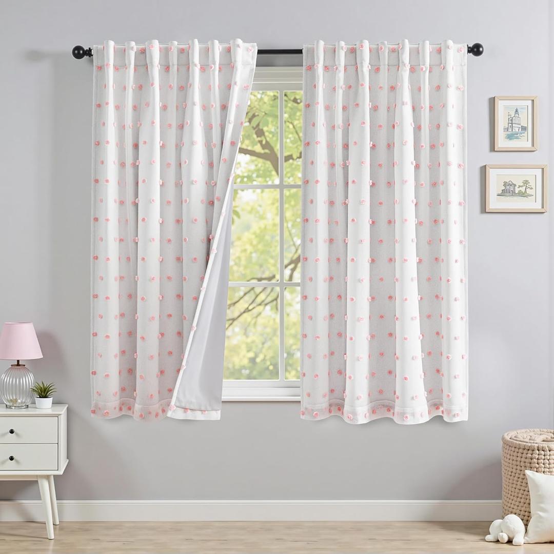 MYSKY HOME Flowers Curtains for Girls Bedroom 63 Inches Long Total Light Blocking Girl Room Curtain 2 Panels Room Darkening Back Tab Window Drapes with Pom Pom Sheer 52W x 63L