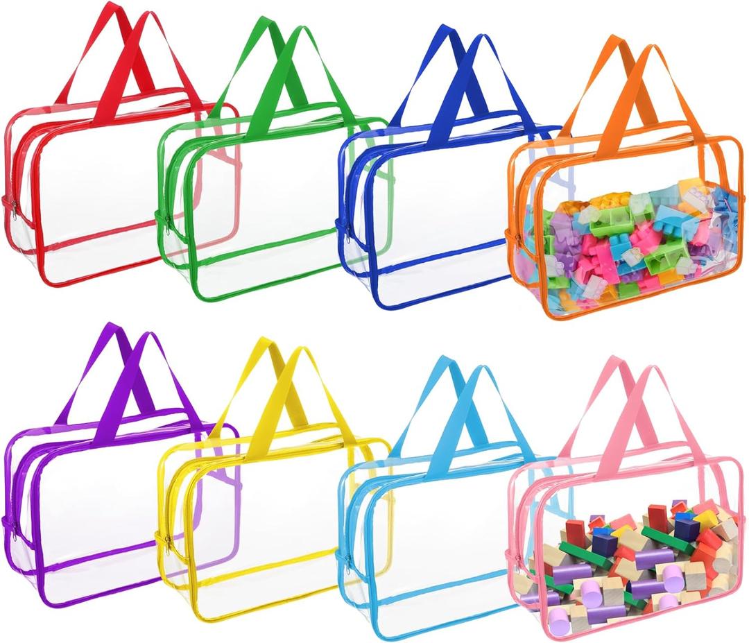 Fasmov 8 Packs Large Toy Storage Bags, 8 Colors PVC Organizers Toy Bags, Travel Organizer Bags Reusable Toy Organizer Pouch with Zipper for Building Blocks, Puzzle, Small Toys and Handmade Accessories
