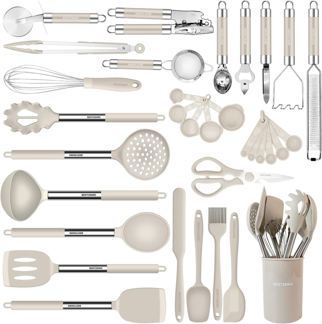 Kitchen Utensils Set-Silicone Cooking Utensils-33pcs Non-Stick Silicone Cooking Kitchen Utensils Spatula Set with Holder-Best Kitchen Cookware with Stainless Steel Handle (Khaki)