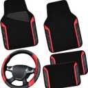CAR PASS Leather Steering Wheel Cover and Waterproof Car Floor Mats,Microfiber Universal Car Combo Fit for 95% Sedan,SUV,Cars,14.5-15inch Sporty Anti-Slip Safety Comfortable Design(BlackRed)