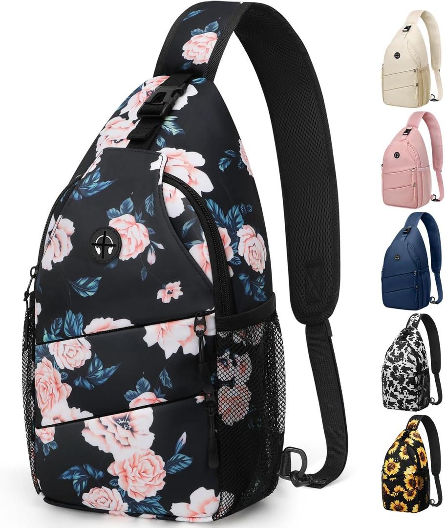 Pritent Crossbody Bags for Women Men Trendy Sling Bag Backpack Casual Chest Bag with Convertible Shoulder Strap (Large, Floral Pattern)
