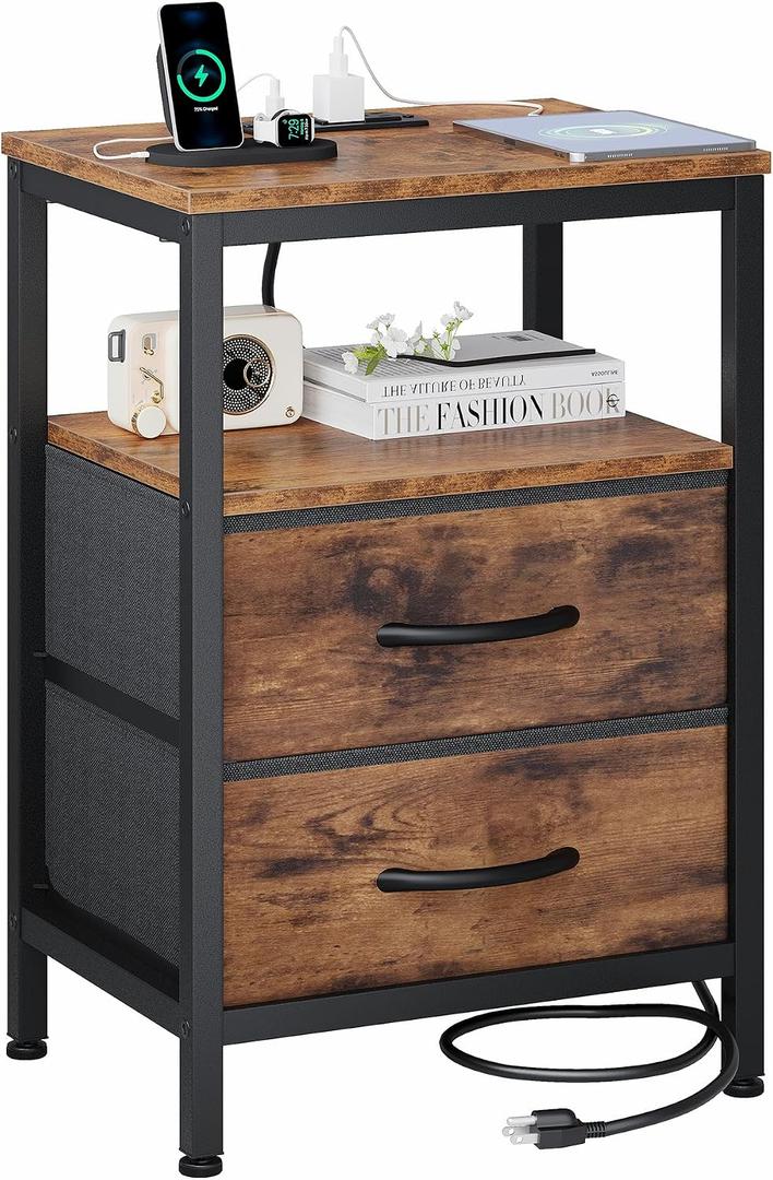 OLIXIS Nightstand with Charging Station, Bedside Table with USB Ports & Type-C, 2 Fabric Drawers Night Stand with Open Shelf, Compact End Table for Bedroom, Rustic Brown, 15.7"Dx11.8"Wx23.6"H