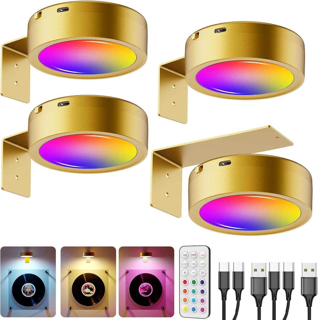 RGB USB Rechargeable Picture Lights, Gold 2600mAh Battery Operated Art Lights for Paintings Wireless Light Over Picture Frame Cordless LED Gallery Wall Light Remote Spotlight for Poster Photo Artwork (4 pack)