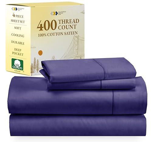 California Design Den Natural 100% Cotton Sheets, Soft Queen Sheet Set, 400 Thread Count Sateen, Deep Pockets with All-Around Elastic for a Snug Fit, Cool & Durable Bedding Set - Dark Purple